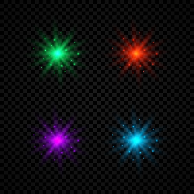 Lichteffect van lens flares set van vier groene, rode, paarse en blauwe gloeiende lichten starburst effecten met sparkles op een donkere transparante achtergrond vectorillustratie