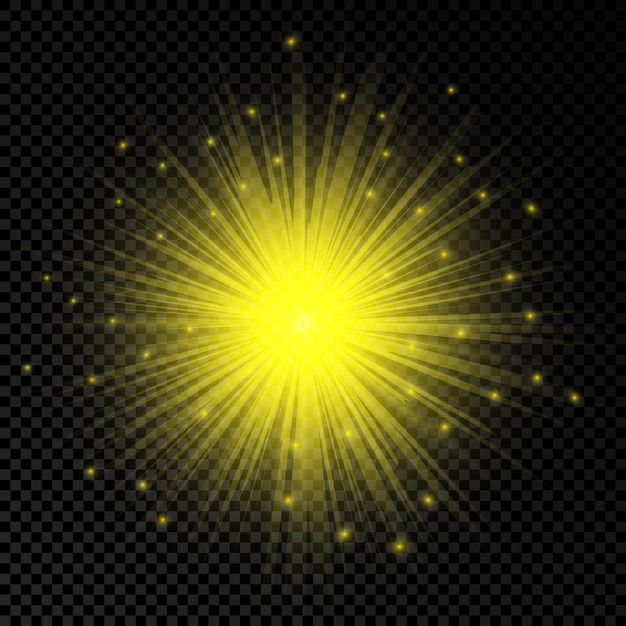 Lichteffect van lensflares. gele gloeiende lichten starburst effecten met glitters op een transparante achtergrond. vector illustratie