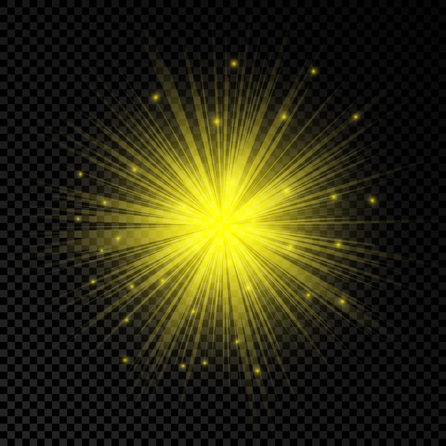 Lichteffect van lensflares. gele gloeiende lichten starburst effecten met glitters op een transparante achtergrond. vector illustratie