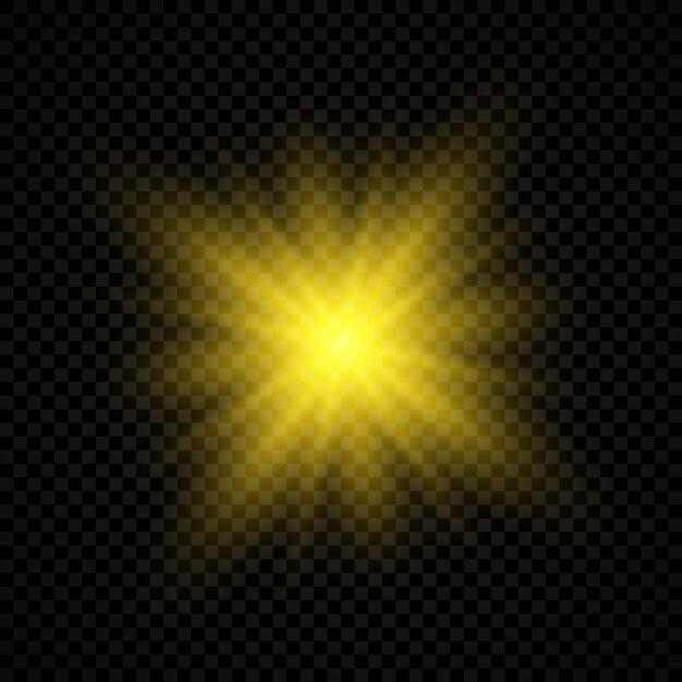 Lichteffect van lensflares. gele gloeiende lichten starburst effecten met glitters op een transparante achtergrond. vector illustratie