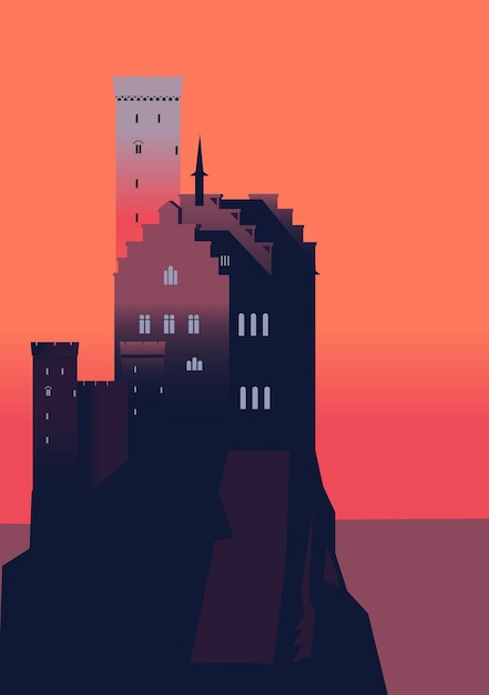 Vector lichtenstein castle a german castle on a cliff with a red sky in the background