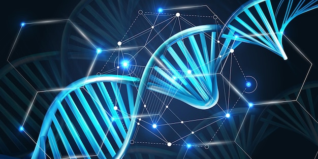 Lichtgevende dna-strengen op een donkerblauwe achtergrond