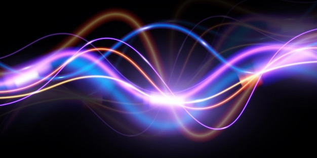 Vector lichtpaden violette en blauwe lijnabstract achtergrond snelheid effect beweging wazig nachtlampen