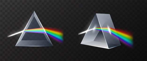 Lichtprisma Realistische glazen piramide met gebroken laserstraal regenboogspectrum dispersie 3D fysiek effect Zichtbare golven kleurweergave systeem wit licht dispersie vector set