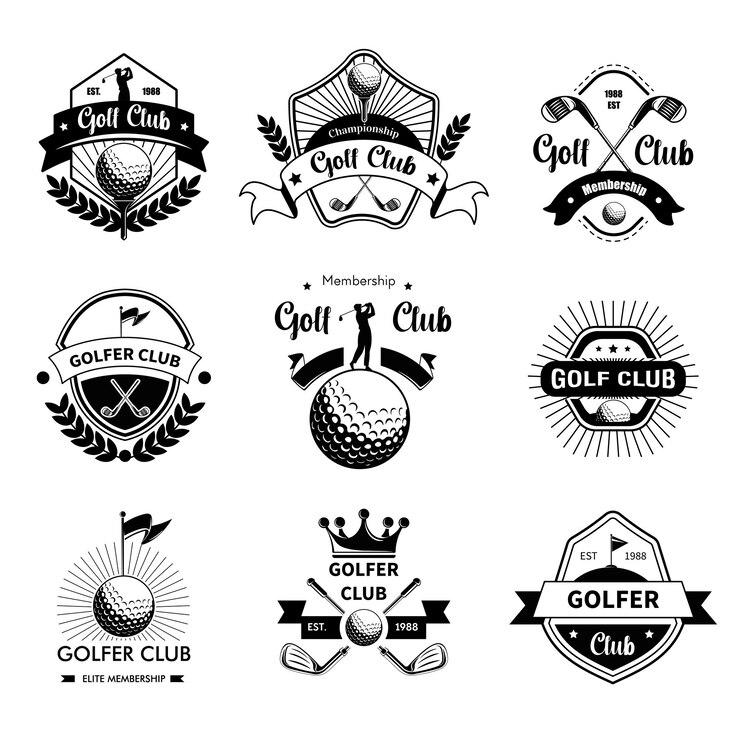 Vector lidmaatschap van golfclub geïsoleerde logo's, emblemen of label voor golfersgemeenschap icoon van bal- en golfuitrusting om te spelen vrije tijd en rijke hobby's voor mensen vector in vlakke stijl