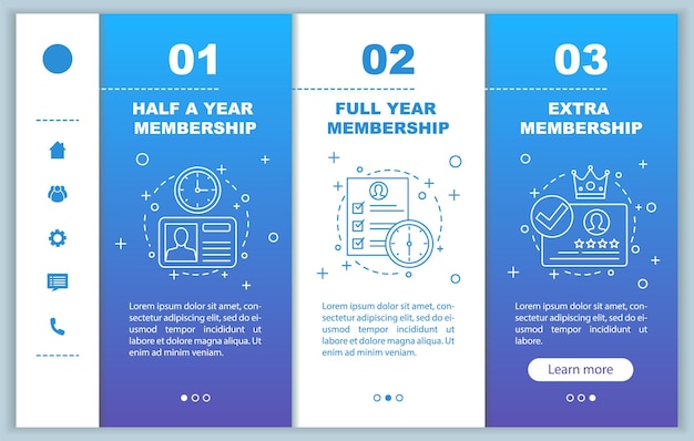 Lidmaatschapsprijzen onboarding mobiele app-schermen vectorsjablonen Tariefplannen stappen Walkthrough webpagina's-interface Accountregistratie Smartphone-abonnement betaling webpagina-indeling