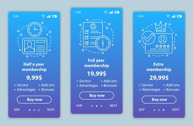 Lidmaatschapsprijzen onboarding mobiele app-schermen vectorsjablonen