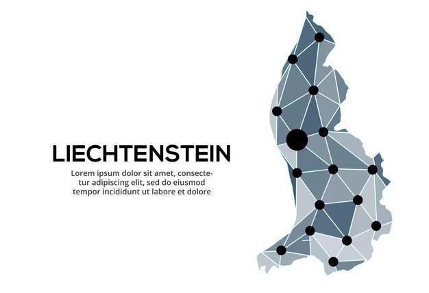 Mappa della rete di comunicazione del liechtenstein immagine vettoriale di una mappa globale low poly con luci della città mappa sotto forma di triangoli e punti