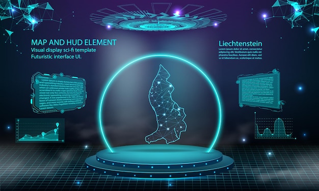 リヒテンシュタイン マップ光接続効果背景抽象デジタル技術 ui gui 未来的な hud リヒテンシュタイン マップとの仮想インターフェイス 霧のステージ未来的な表彰台