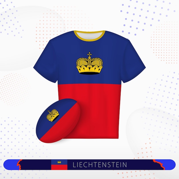 Maglietta di rugby del liechtenstein con palla da rugby delliechtenstein su uno sfondo sportivo astratto