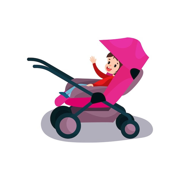 Lief kind zit in een roze moderne kinderwagen, vervoer van kleine kinderen met comfort cartoon vectorillustratie geïsoleerd op een witte achtergrond