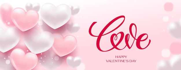 Liefde belettering Hand getrokken woord Love Moderne kalligrafie script liefde tekst en banner met hart voor Valentijnsdag