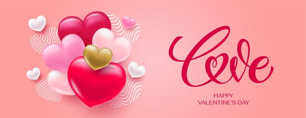 Liefde belettering hand getrokken woord love moderne kalligrafie script liefde tekst en banner met hart voor valentijnsdag