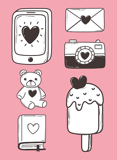 Liefde doodle pictogrammenset telefoon camera mail ijs beer roze boekillustratie