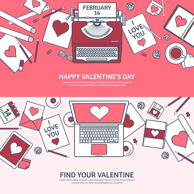 Vector liefde en hart gelijnd vector illustratie vlakke achtergrond met laptop harten valentijnsdag wees mijn