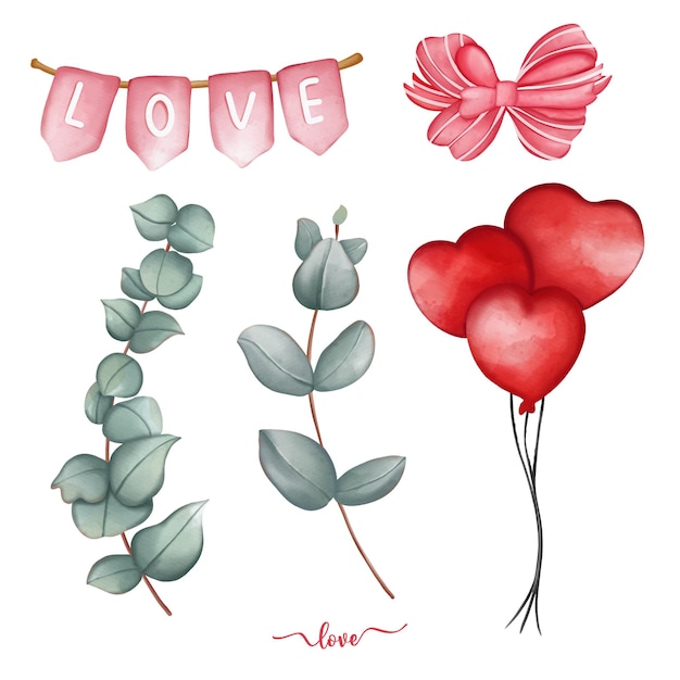 Liefde en romantiek illustratie set valentines rood hart ballonnen set aquarel hand drawnxdxa