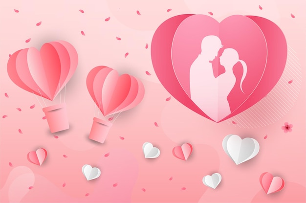 Liefde en Valentijnsdag Lovers staan en een papieren hartvormige ballon die in de lucht zweeft