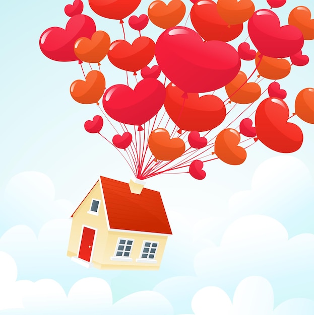 Liefde huis vliegen op hart ballonnen Valentijnsdag kaart achtergrond vector