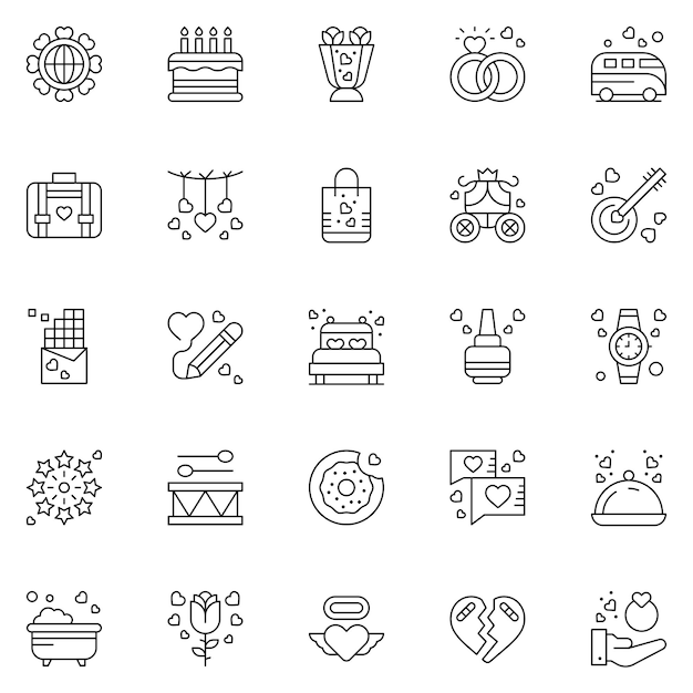 Liefde iconen pack Liefde symbolen collectie Element met grafische pictogrammen