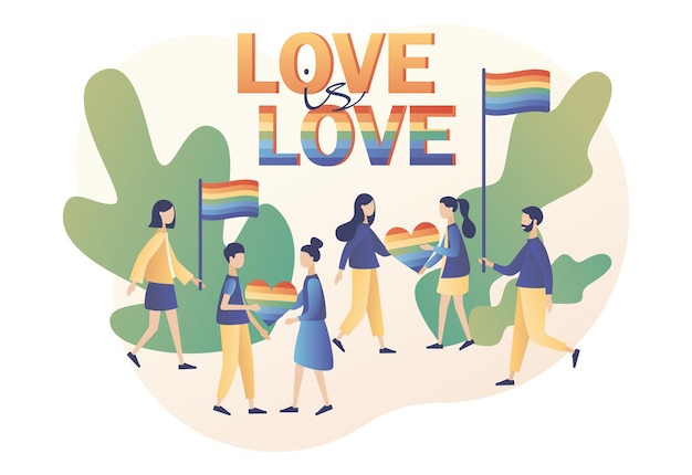Liefde is liefde lgbt-bewegingsconcept kleine mensen met regenboogkleurige vlag en harten liefdesparade
