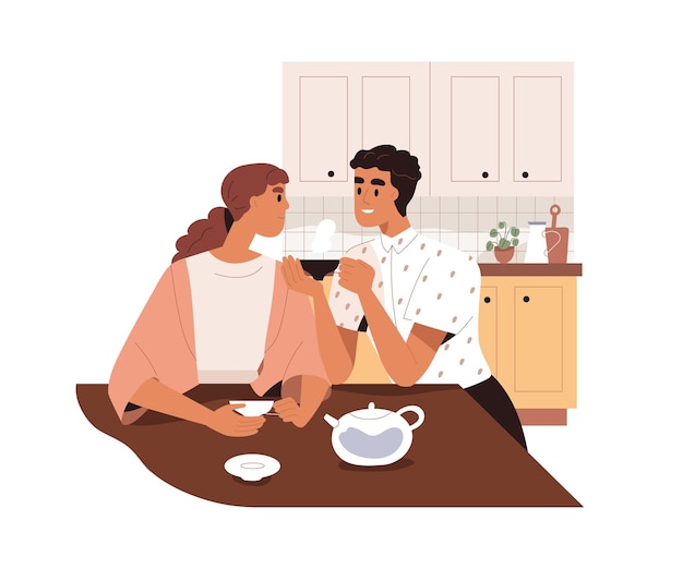 Liefde paar het drinken van thee thuis keuken. Gelukkige romantische getrouwde man en vrouw. Man en vrouw in gezellig huiselijk appartement, praten en ontspannen. Platte vectorillustratie geïsoleerd op een witte achtergrond.