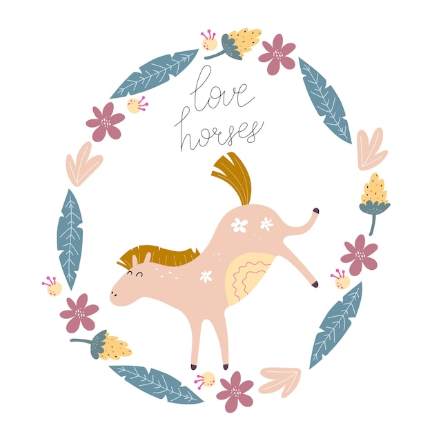 Vector liefde paarden cartoon paard bloemen hand tekenen belettering