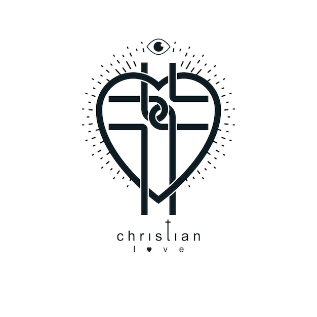 Liefde van God conceptueel symbool gecombineerd met Christian Cross en hart, vector creatief logo.