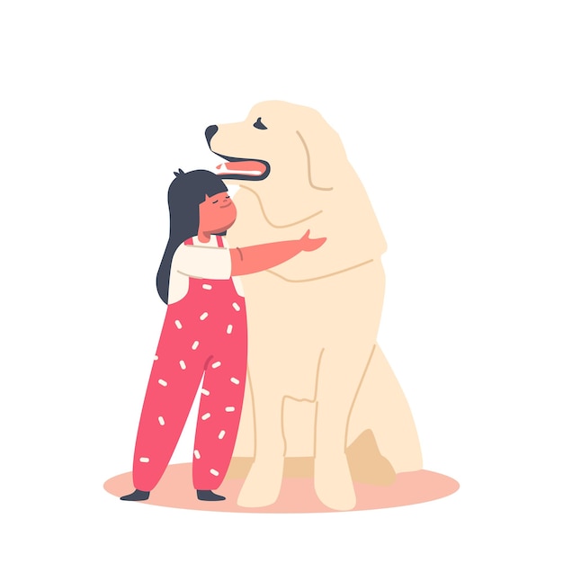 Liefde voor dieren, jeugdconcept. Grappige jongen meisje knuffel enorme retriever hond, kind karakter knuffelen met huisdier, baby omarmen schattig hondje geïsoleerd op een witte achtergrond. Cartoon mensen vectorillustratie