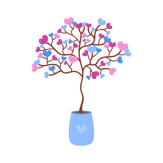 Liefdeboom in geïsoleerde pot. valentines huis boom met schattige hartjes op twijgen. roze en blauwe kleuren. vectorillustratie platte object.