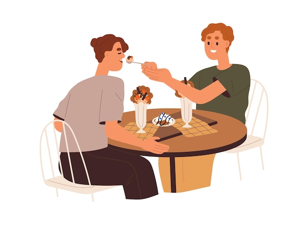 Liefdepaar eten in café. Jonge man voedt vrouw met dessert van lepel op date. Gelukkige mensen ontspannen samen met zoet eten aan tafel. Platte grafische vectorillustratie geïsoleerd op een witte achtergrond