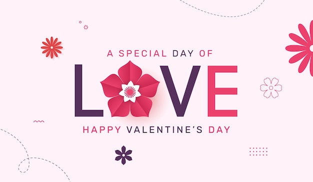 Liefdesbelettering met mooie bloem, Happy Valentines day tekstillustratie Typografieontwerp