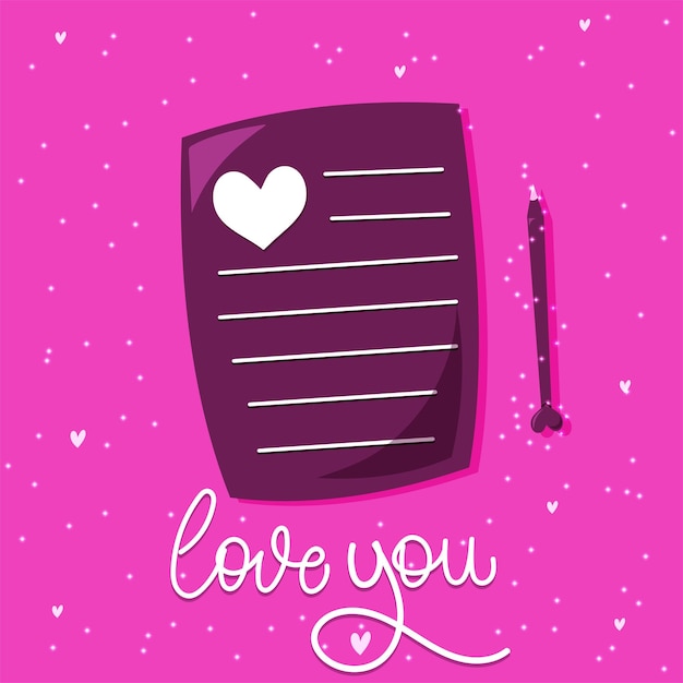 Liefdesbrief met hart en mooie pen met gloeiende sterren en Valentijnsdag citaat hou van je kaart