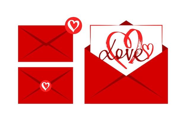 Liefdesbrieven met envelop. Envelop in rode kleur voor berichten van liefde, vriendschap. Vector.