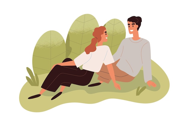 Vector liefdespaar ontspannen in de natuur. gelukkig romantische man en vrouw zittend op gras op zomervakantie. vrienden op het gazon in de vrije tijd buiten. platte vectorillustratie geïsoleerd op een witte achtergrond.