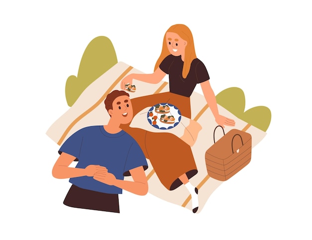 Liefdespaar ontspannen op zomerpicknick, eten eten. Gelukkig man en vrouw rustend op deken buiten in het weekend. Romantische date in de natuur. Platte grafische vectorillustratie geïsoleerd op een witte achtergrond