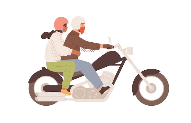 Vector liefdespaar samen op motorfiets. man in helm die helikopter bestuurt met vrouw die hem erachter knuffelt. gekleurde platte vectorillustratie van gelukkige mensen op motor geïsoleerd op witte achtergrond.