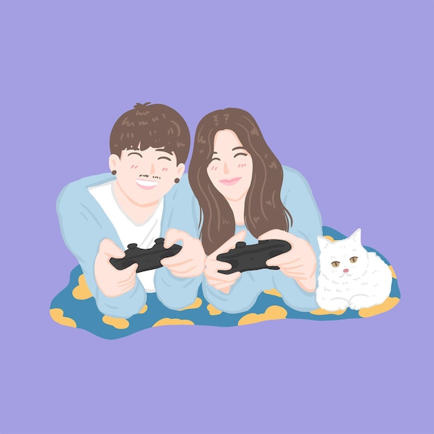 Liefdespaar speel het spel vast en druk op joystick gelukkig en geniet van het spelen
