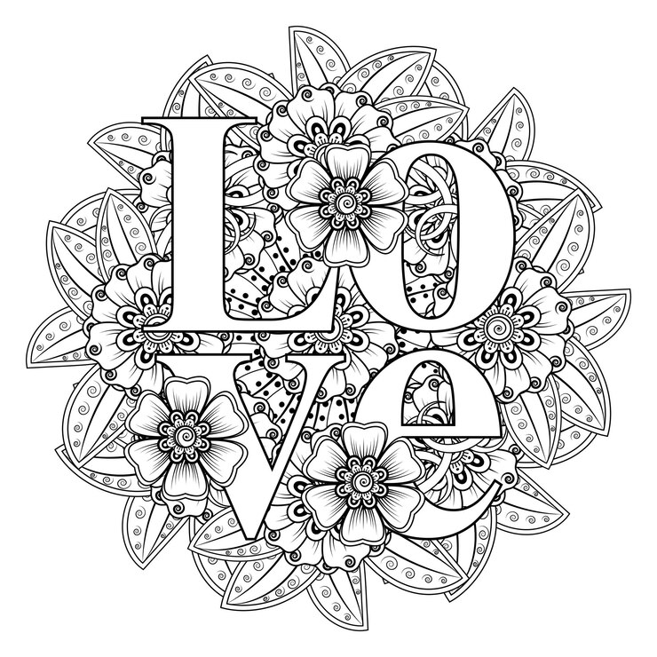 Liefdeswoorden met mehndi-bloemen voor het kleuren van het doodle-ornament van de boekpagina