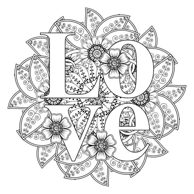 Liefdeswoorden met mehndi-bloemen voor het kleuren van het doodle-ornament van de boekpagina