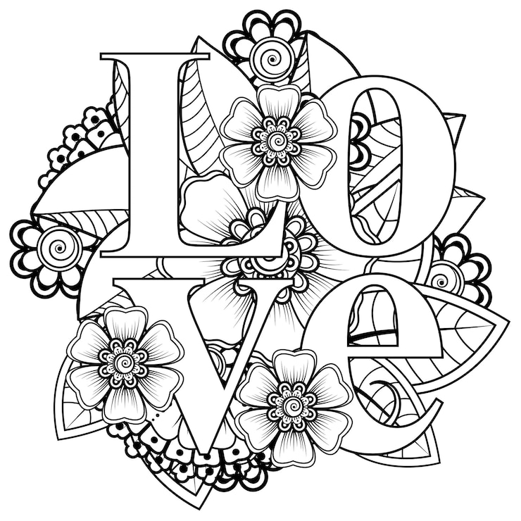 Vector liefdeswoorden met mehndi-bloemen voor het kleuren van het doodle-ornament van de boekpagina