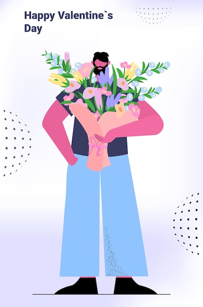 Liefdevolle man met bloemen boeket man verliefd vieren gelukkige Valentijnsdag volledige lengte