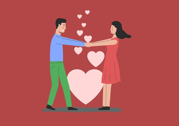 Liefdevolle vriend en vriendin dansen hand in hand ter ere van gelukkige valentijnsdag glimlachende man en vrouw verliefd menselijke relaties geluk liefde cartoon vlakke stijl vectorillustratie