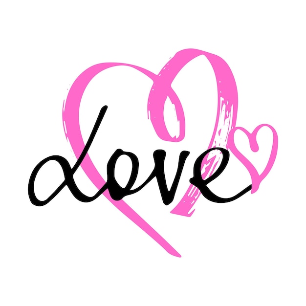 Liefdewoord in roze hart. Vector belettering.