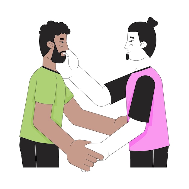 Liefhebbers van homoseksuele mannen omarmen lineaire stripfiguren in 2D