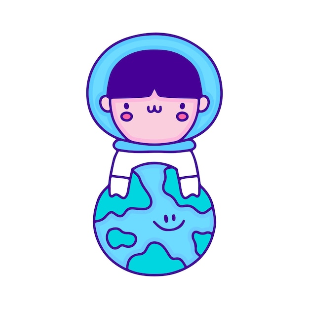 Lieve baby-astronaut met aarde planeet doodle kunst, illustratie voor t-shirt, sticker.