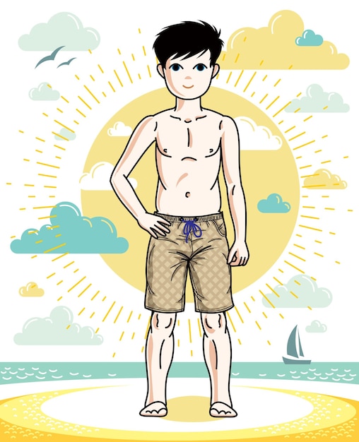 Lieve kleine jongen jonge tiener permanent in kleurrijke stijlvolle strandshorts. vector menselijke illustratie. jeugd levensstijl cartoon.