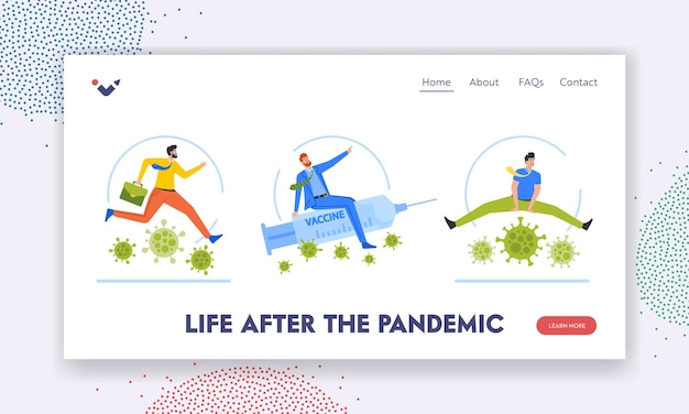 ベクトル パンデミックの着陸後の生活ページテンプレートコロナウイルス細胞を飛び越えてビジネスマンのキャラクターが経済的な問題を通過する注射器に乗ってウイルス病原体を飛び越える漫画の人々ベクトル図