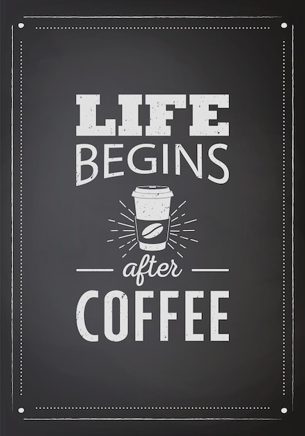 Life Begins After Coffee Vector Black Square Vintage Chalkboard with Typography Quote Phrase about Coffee Placard Banner Design Template for Coffee Shop