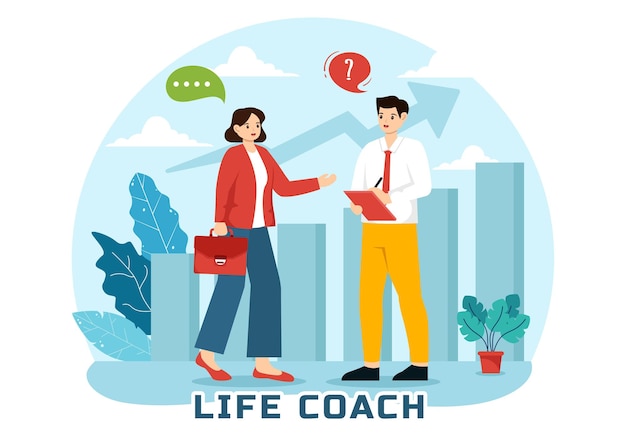 Life Coach Vector illustratie voor consultatie en self-coaching in het bedrijfsleven Cartoon achtergrond