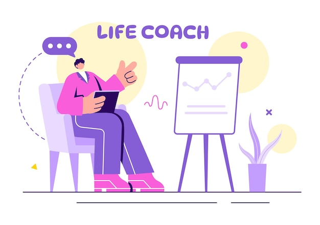 life coach vector illustration for consultation education motivation mentoring perspective and self coaching in business flat cartoon background